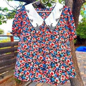 Floral Embroidered Peter Pan Collar Retro Cottagecore Blouse